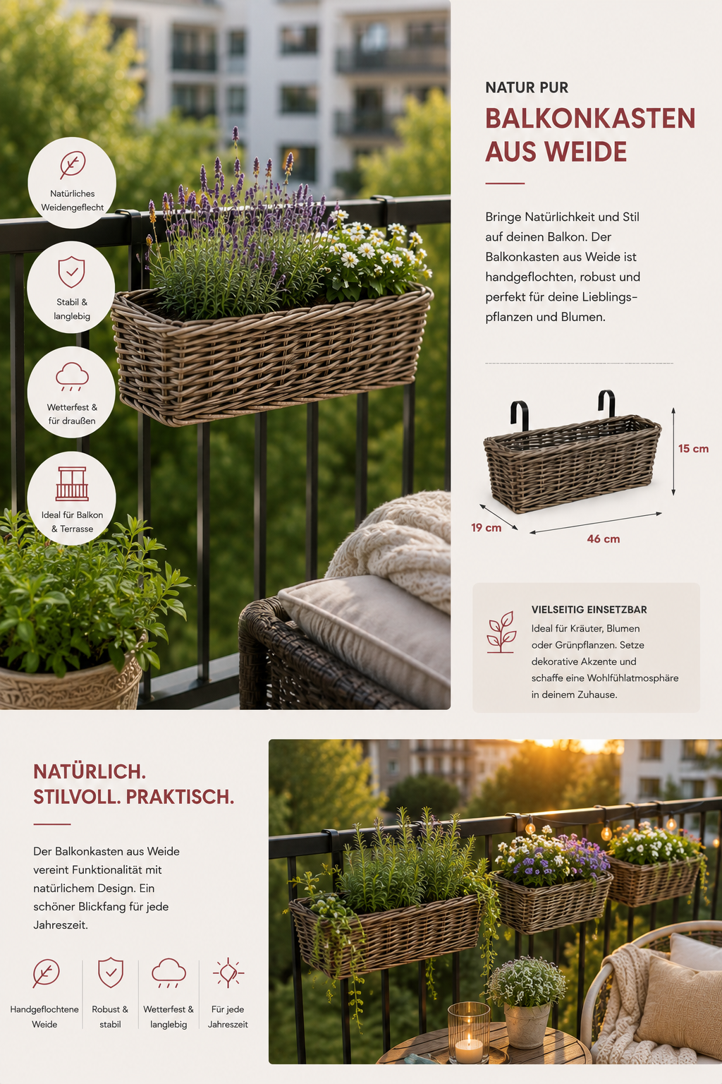 Weiden Balkonkasten 46cm mit Haken Blumenkasten Pflanzkasten Balkonkorb Natur