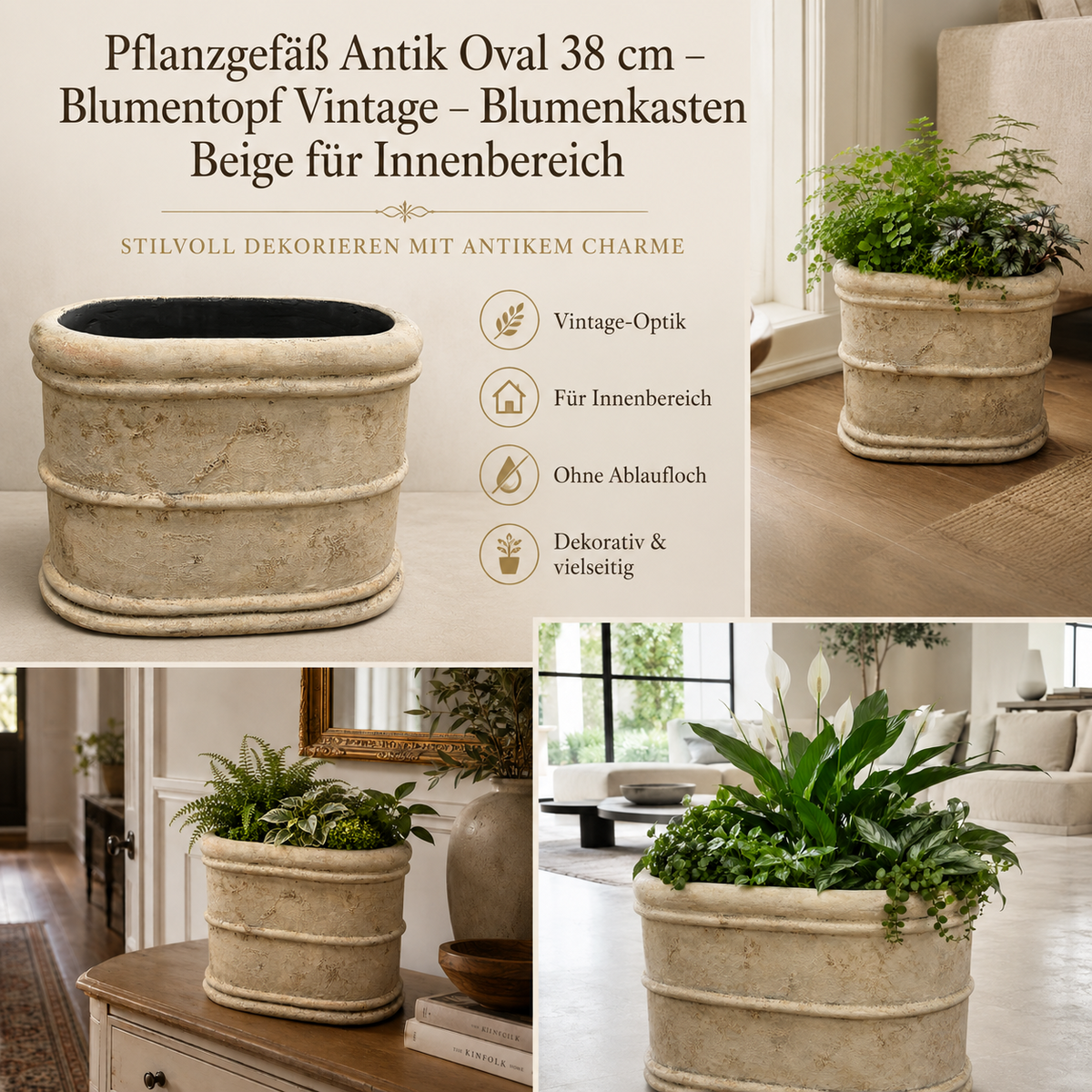 Pflanzgefäß Antik Oval 38 cm Blumentopf Vintage Blumenkasten Beige Innen