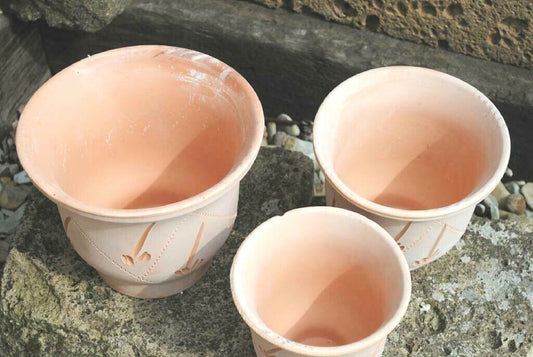 Pflanztöpfe im 3er Set,helle Terracotta,verziert,13/16/20cm,spanisch