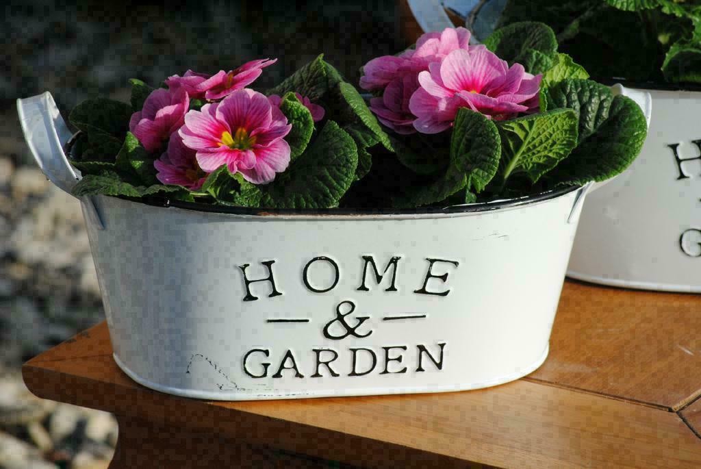 Metalltöpfe weiß "Home & Garden"frische Frühlingsdeko oval 2er Set 2 Größen