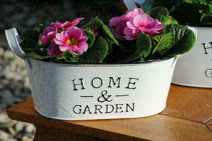 Metalltöpfe weiß "Home & Garden"frische Frühlingsdeko oval 2er Set 2 Größen